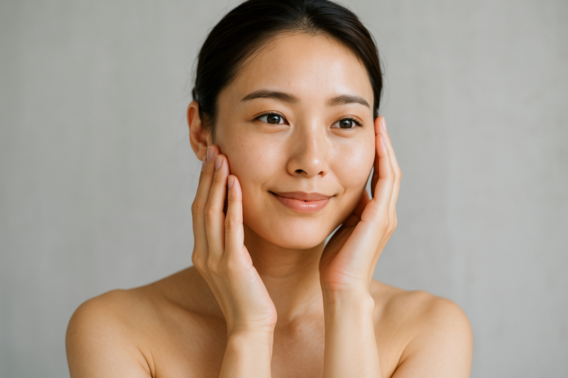 素肌の透明感をイメージさせる、頬に手を添えて微笑む女性