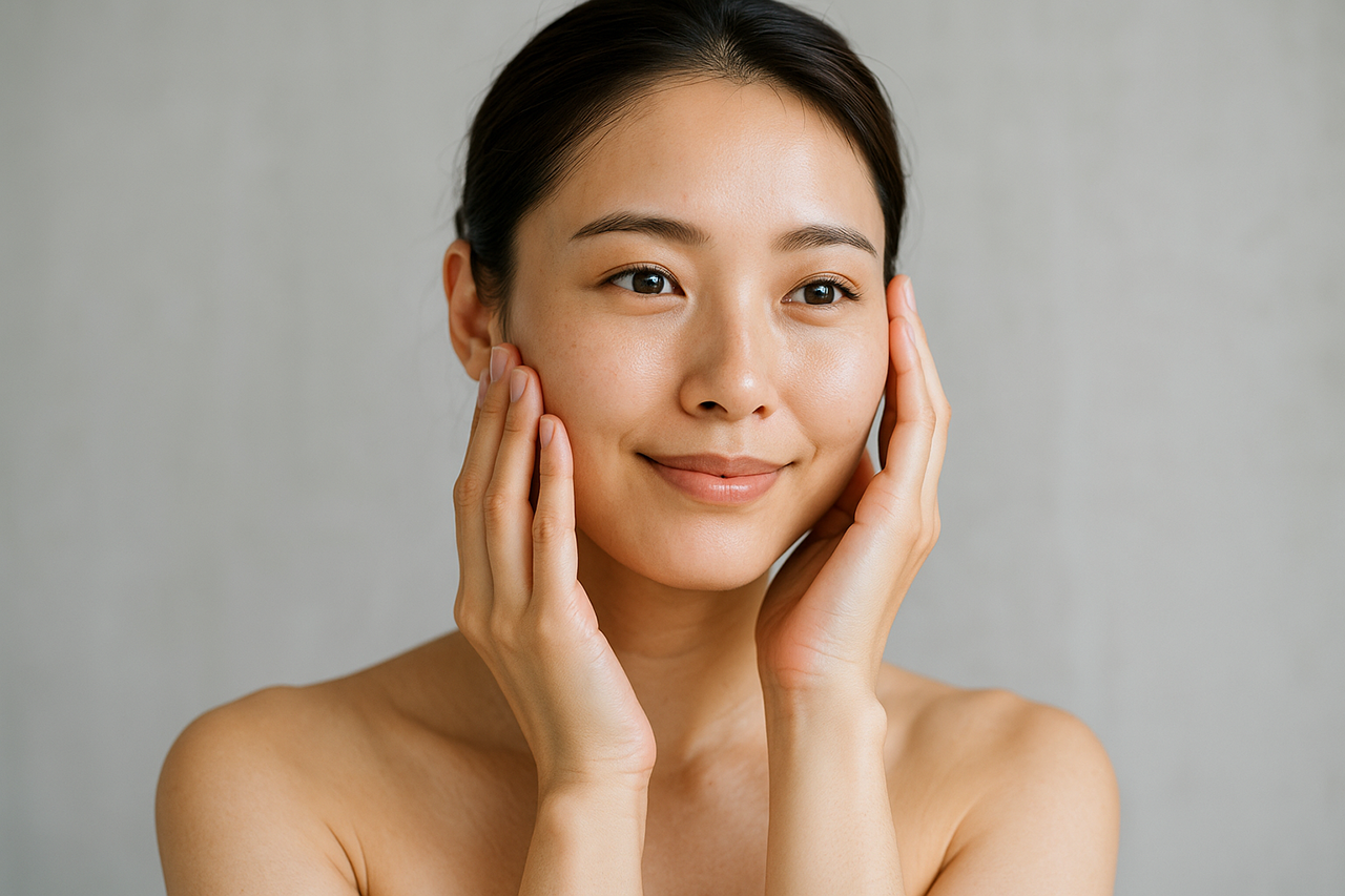 素肌の透明感をイメージさせる、頬に手を添えて微笑む女性