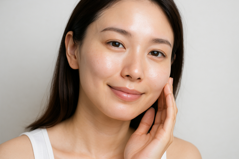 うるおいのある素肌をやさしく触れている女性の顔アップ