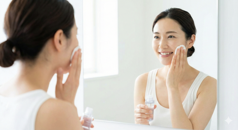 鏡の前でコットンに化粧水を含ませてスキンケアする女性