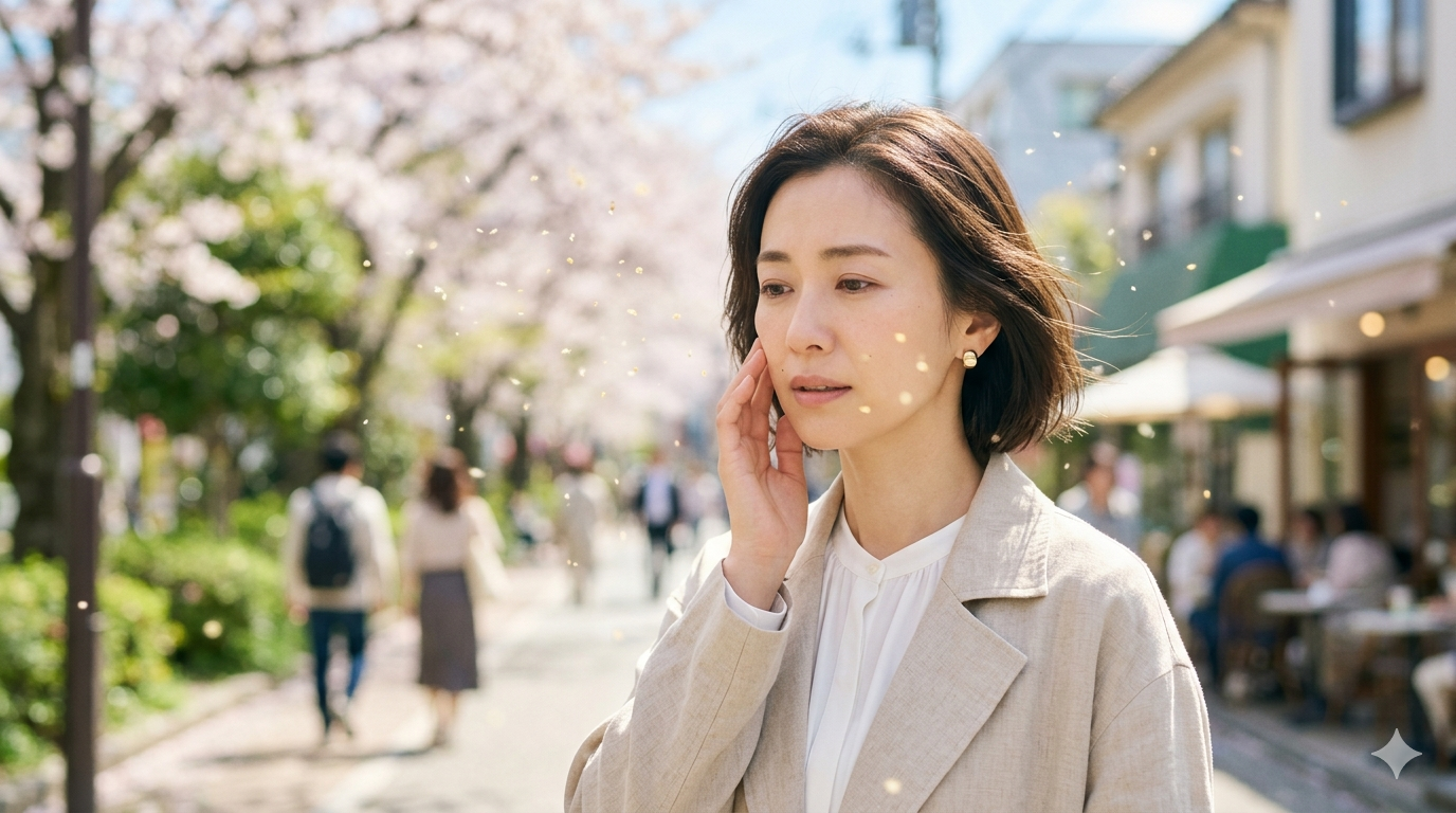 黄砂や花粉など春の外的刺激が肌に影響する様子をイメージした女性の写真