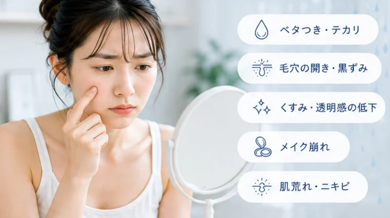 梅雨の湿気や汗による肌トラブルに悩む20代から30代女性のイメージ
