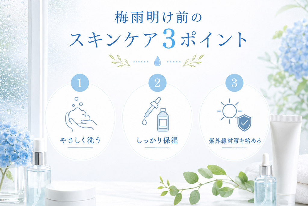 梅雨明け前のスキンケア3ポイント、やさしく洗う・しっかり保湿・紫外線対策を紹介する画像