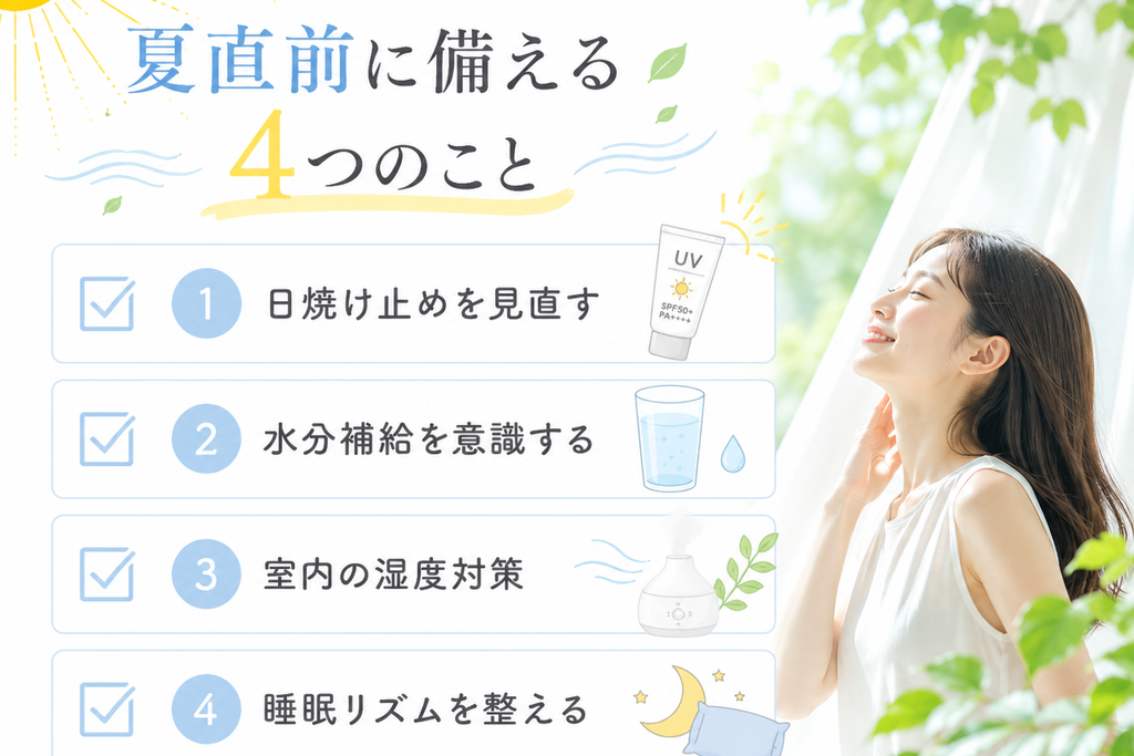 夏直前に備える4つのこと、日焼け止め・水分補給・湿度対策・睡眠リズムを紹介する画像