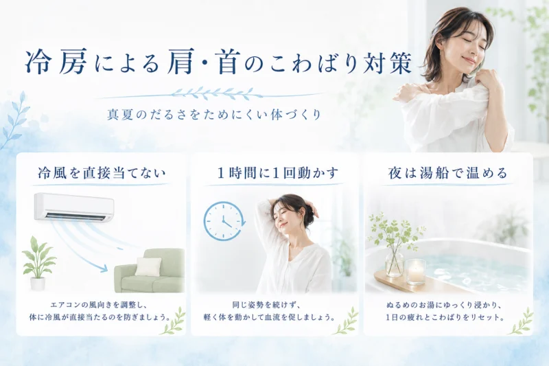 冷房による肩や首のこわばり対策として冷風を避け体を動かし湯船で温める習慣