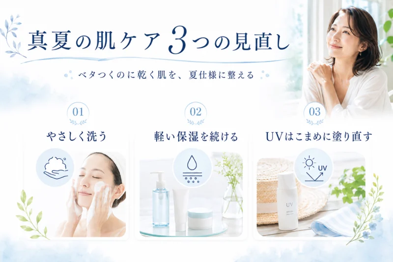 真夏の肌ケアで意識したいやさしい洗顔・軽い保湿・UV塗り直しの3つの見直し