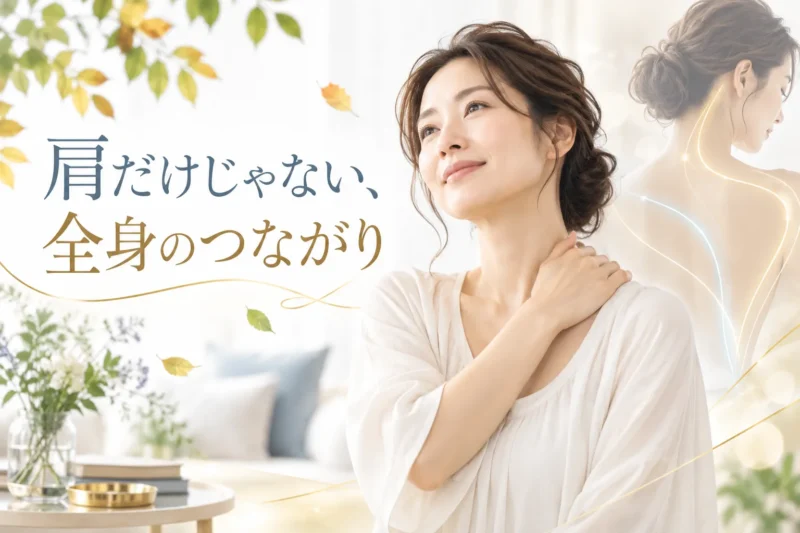 肩や首だけでなく全身のつながりを意識した筋膜リリースをイメージした女性向けビジュアル
